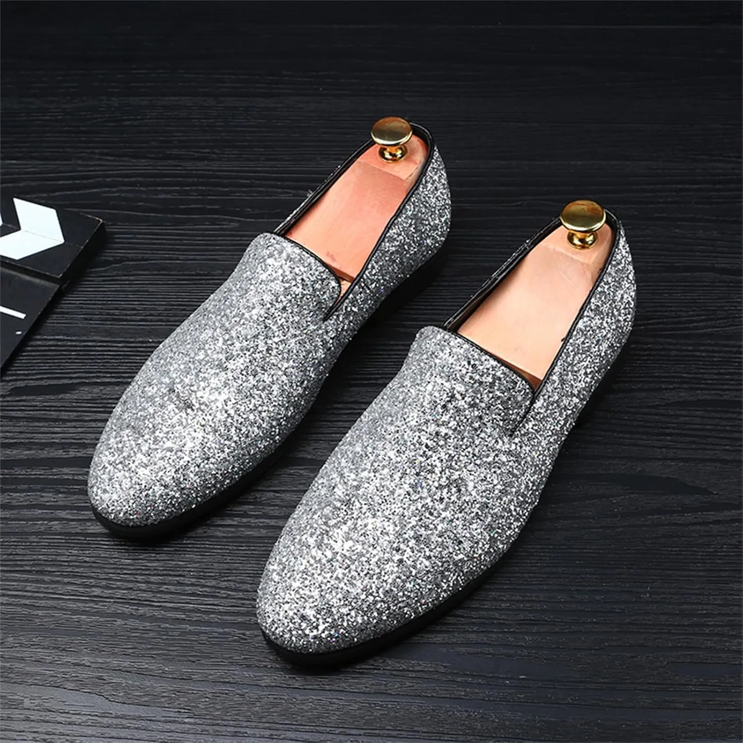 Mens Glitter Rhinestone Slip-On Tuxedo Loafers Classic Wingtip Dress Party Wedding Sparkly Penny Smoking Slippers