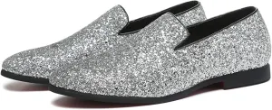 Mens Glitter Rhinestone Slip-On Tuxedo Loafers Classic Wingtip Dress Party Wedding Sparkly Penny Smoking Slippers