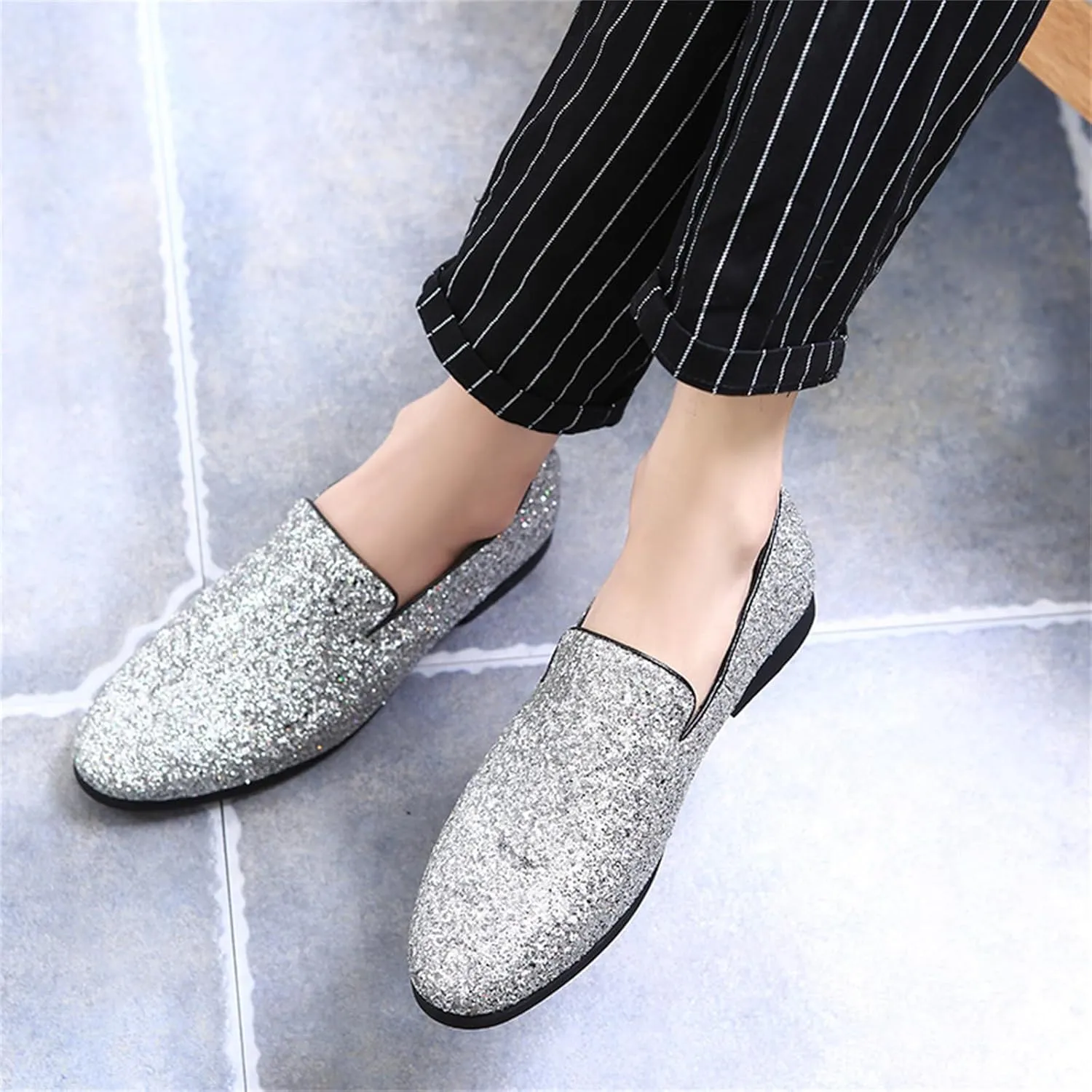 Mens Glitter Rhinestone Slip-On Tuxedo Loafers Classic Wingtip Dress Party Wedding Sparkly Penny Smoking Slippers