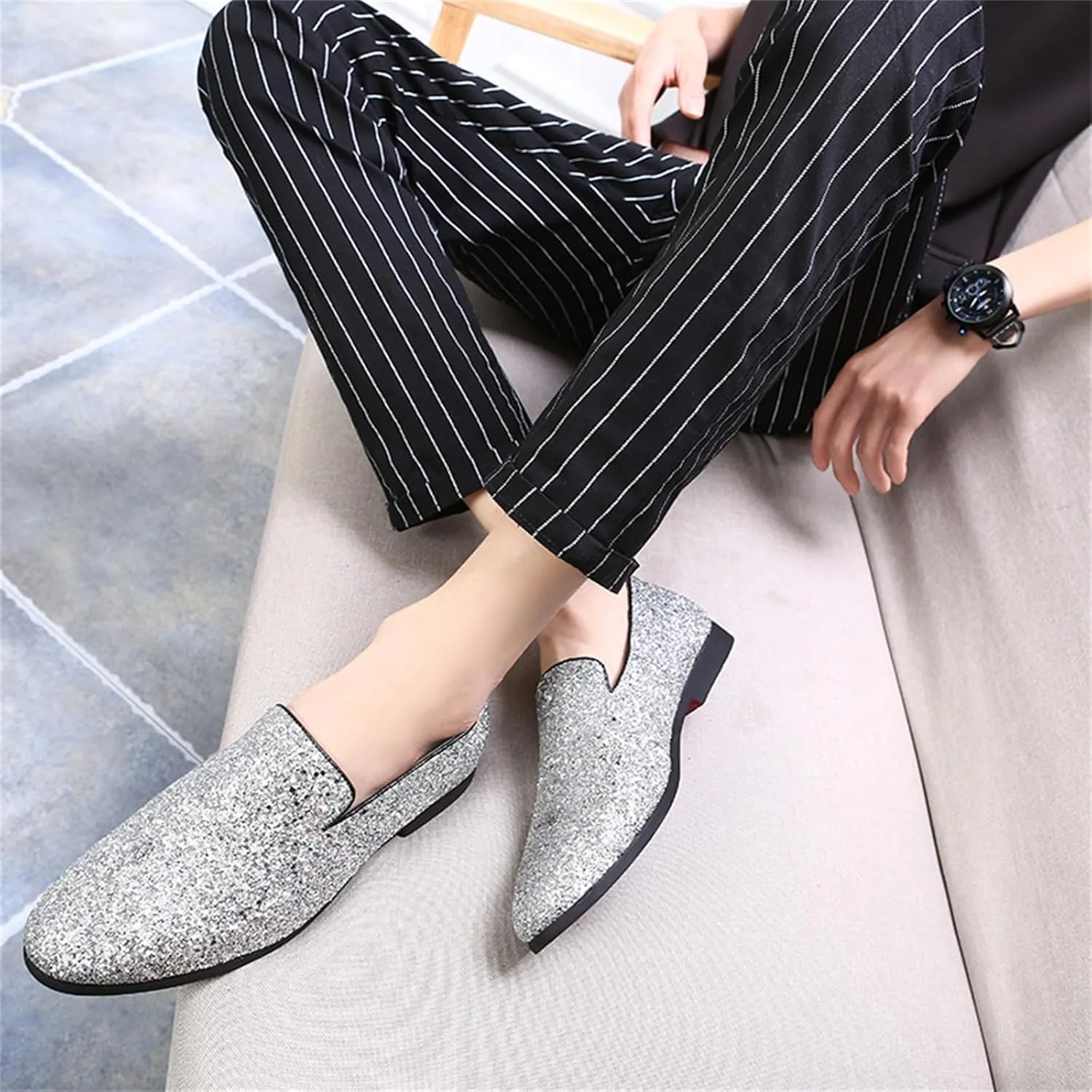 Mens Glitter Rhinestone Slip-On Tuxedo Loafers Classic Wingtip Dress Party Wedding Sparkly Penny Smoking Slippers