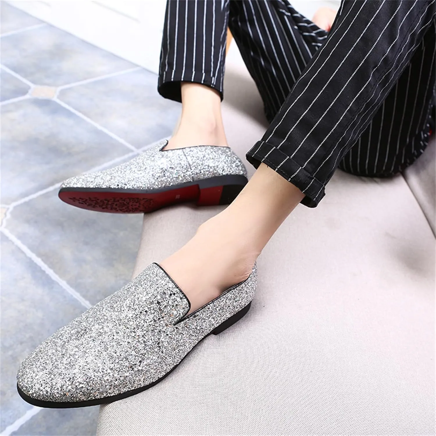Mens Glitter Rhinestone Slip-On Tuxedo Loafers Classic Wingtip Dress Party Wedding Sparkly Penny Smoking Slippers