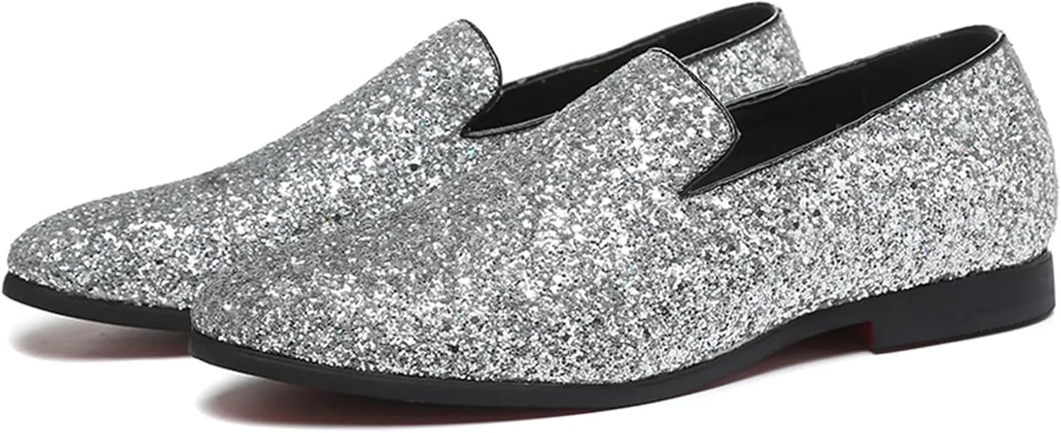 Mens Glitter Rhinestone Slip-On Tuxedo Loafers Classic Wingtip Dress Party Wedding Sparkly Penny Smoking Slippers