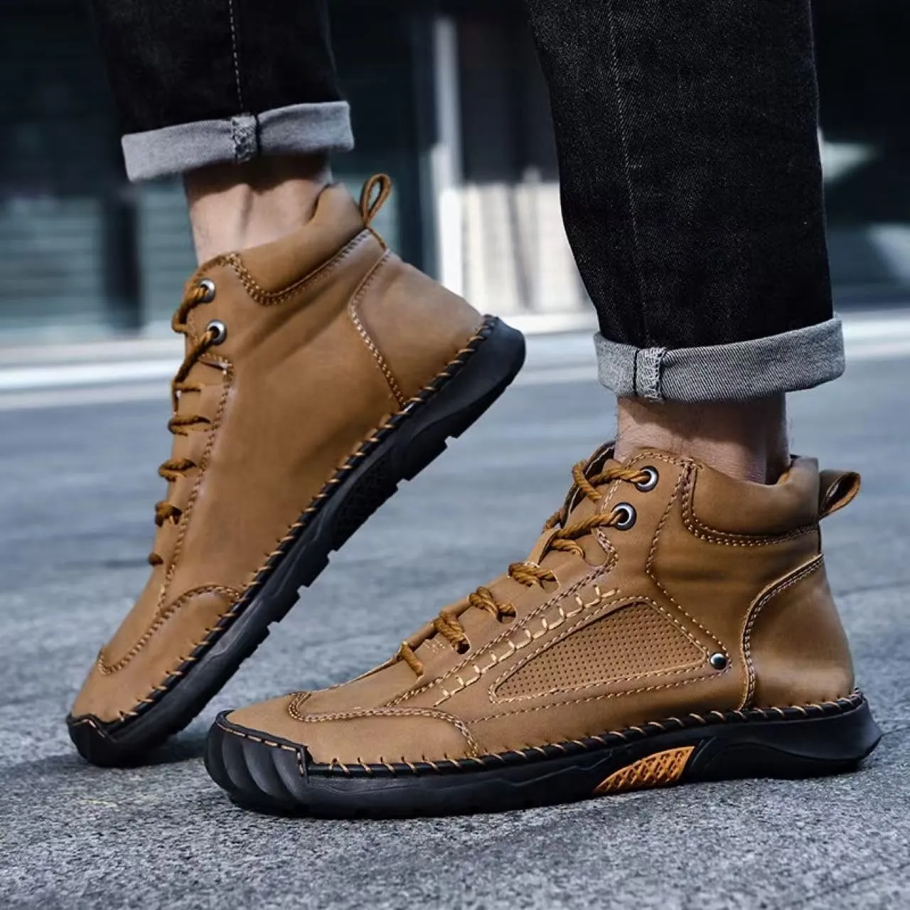Men's Handmade Leather Boots - Comfortable Waterproof Arch Support, Hand-Stitched Ankle Boots with Wide Toe Box for Outdoor Use