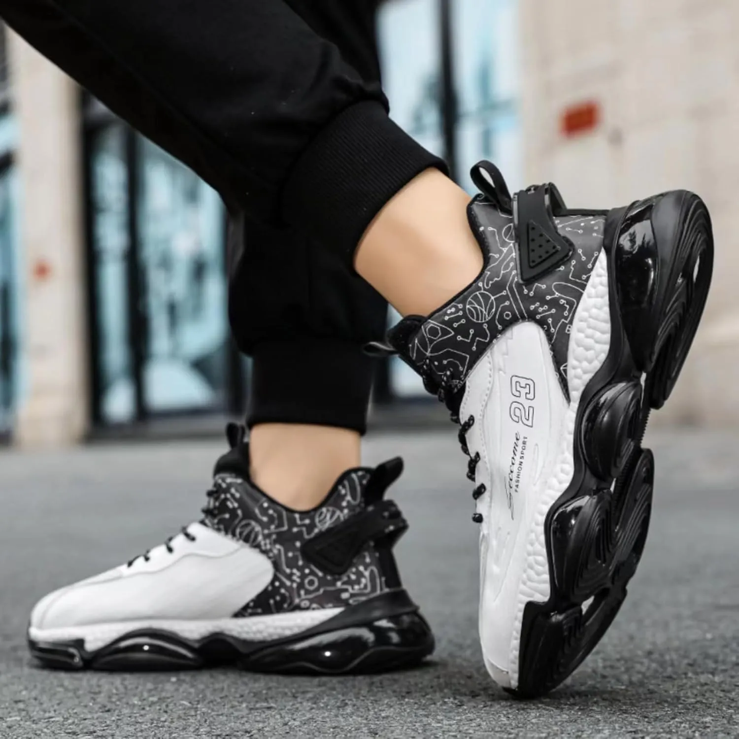 Mens Lace Up High Top Fashion Sneakers Lightweight Non-Slip Soft Sole Basketball Shoes for Tennis Running Walking Training