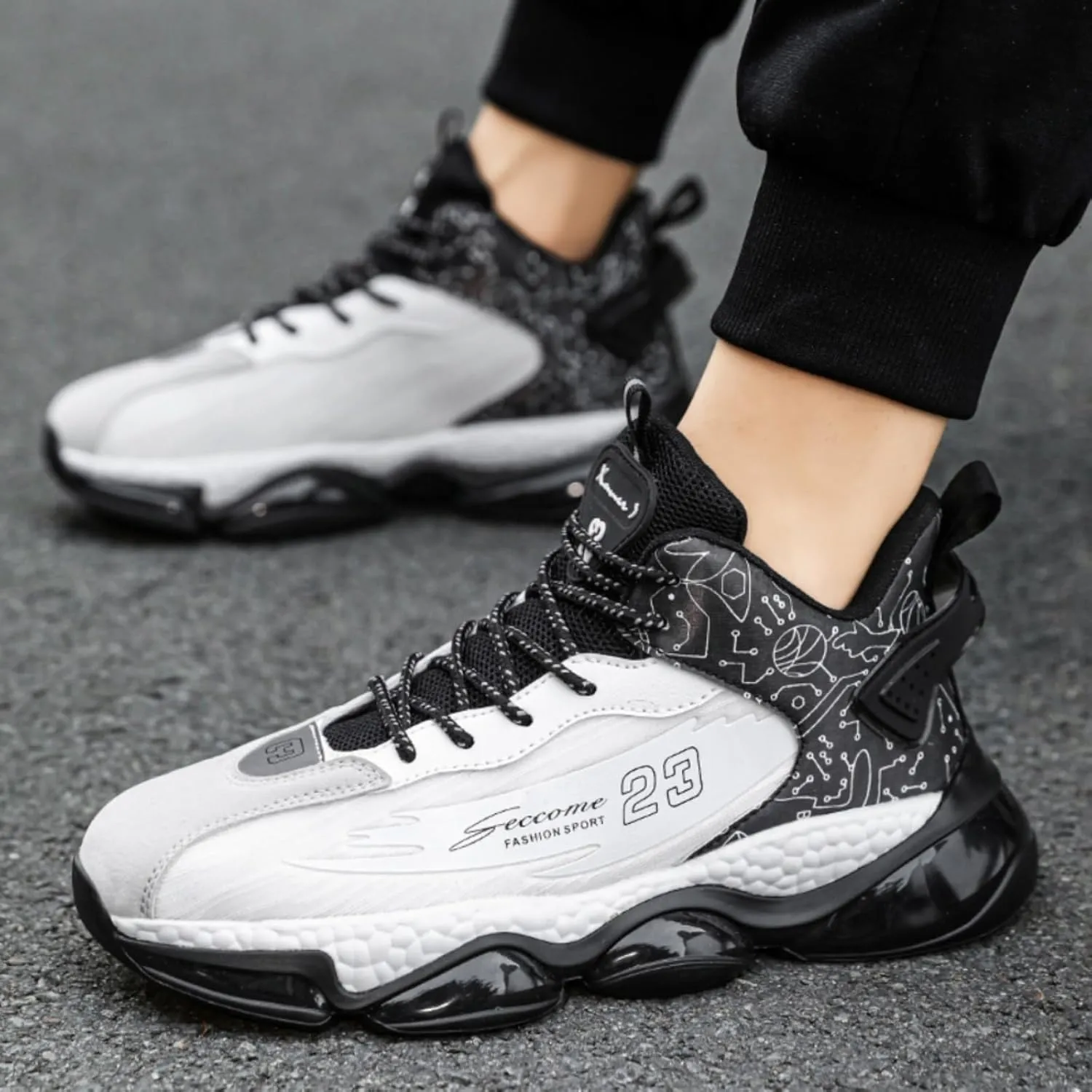 Mens Lace Up High Top Fashion Sneakers Lightweight Non-Slip Soft Sole Basketball Shoes for Tennis Running Walking Training