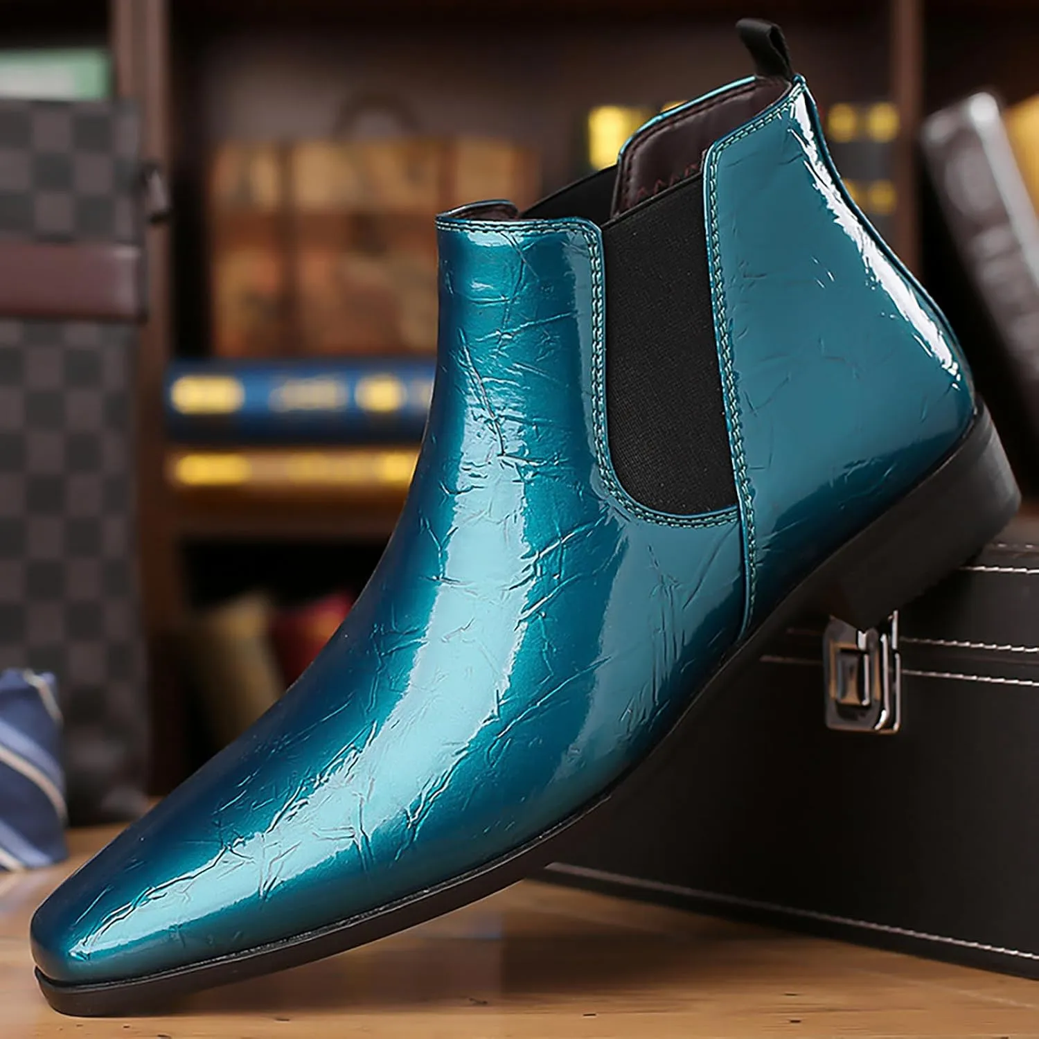 Men's Patent Leather Low Chunky Heel Chelsea Boots Fashion High Gloss Slip-on Business Dress Oxford Boots for Wedding Prom Party Business Work