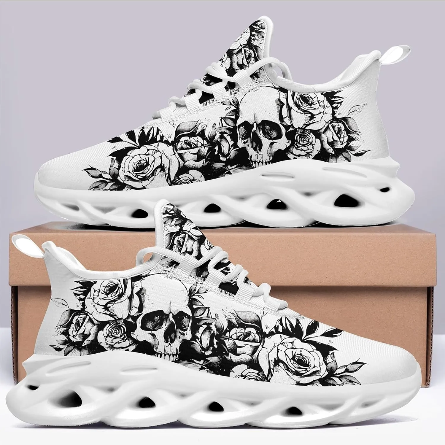 Men's Skull Running Shoes Athletic Sneakers Breathable Gym Slip-on Shoes Lightweight Cushion Sports Walking Shoes