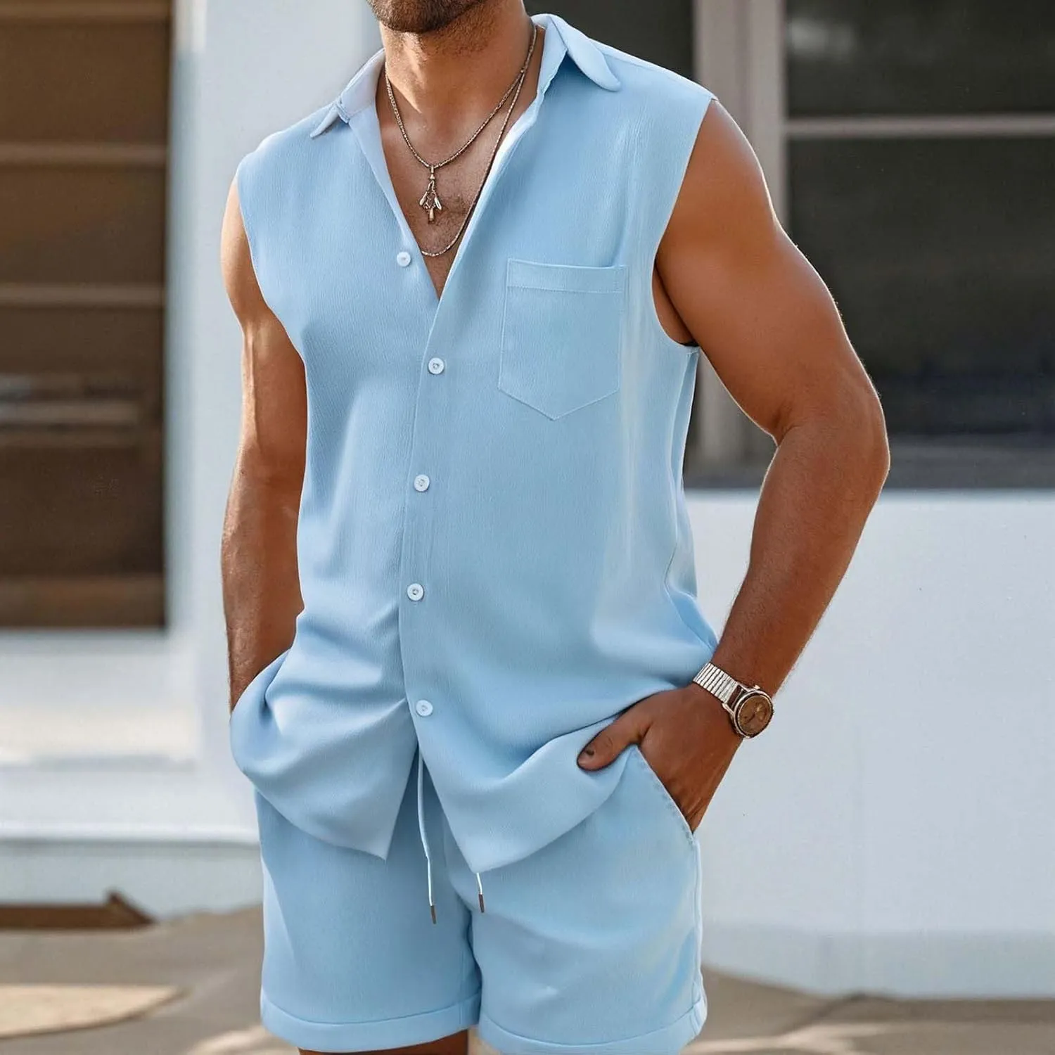 Mens Summer Track Suits Waffle Knit Sleeveless Polo Shirt and Shorts Set Casual 2 Pieces Breathable Outfits with Pockets