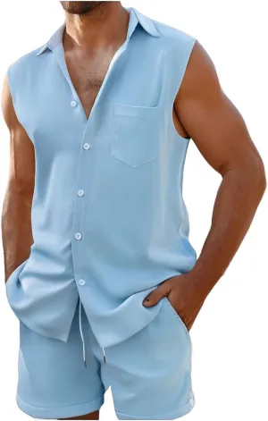 Mens Summer Track Suits Waffle Knit Sleeveless Polo Shirt and Shorts Set Casual 2 Pieces Breathable Outfits with Pockets