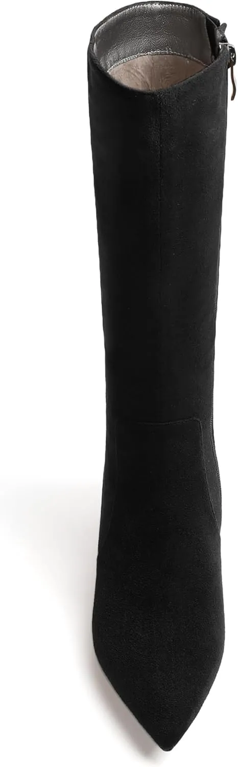 MERRORI Womens Casual Zip Dating Pointed Toe Suede Chunky Low Heel Mid Calf Boots 2 Inch