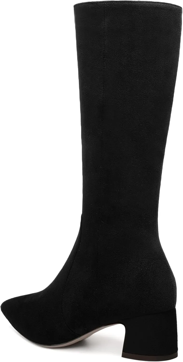 MERRORI Womens Casual Zip Dating Pointed Toe Suede Chunky Low Heel Mid Calf Boots 2 Inch