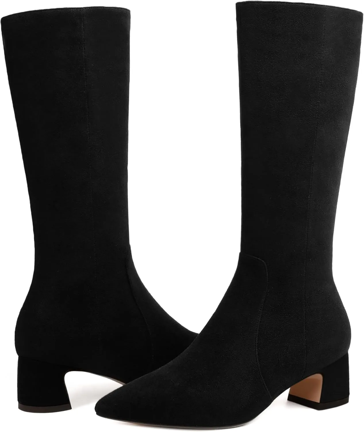 MERRORI Womens Casual Zip Dating Pointed Toe Suede Chunky Low Heel Mid Calf Boots 2 Inch