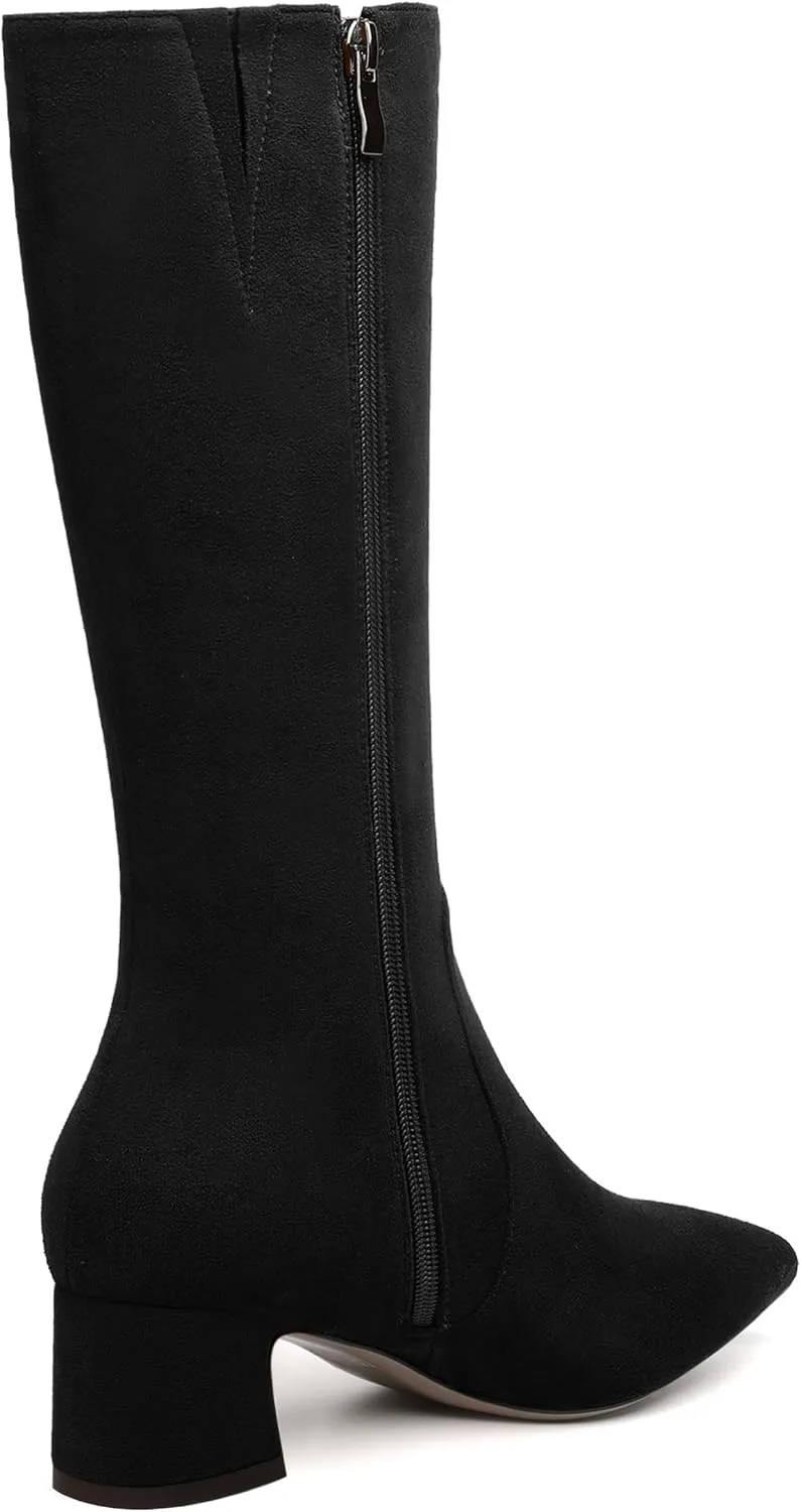 MERRORI Womens Casual Zip Dating Pointed Toe Suede Chunky Low Heel Mid Calf Boots 2 Inch