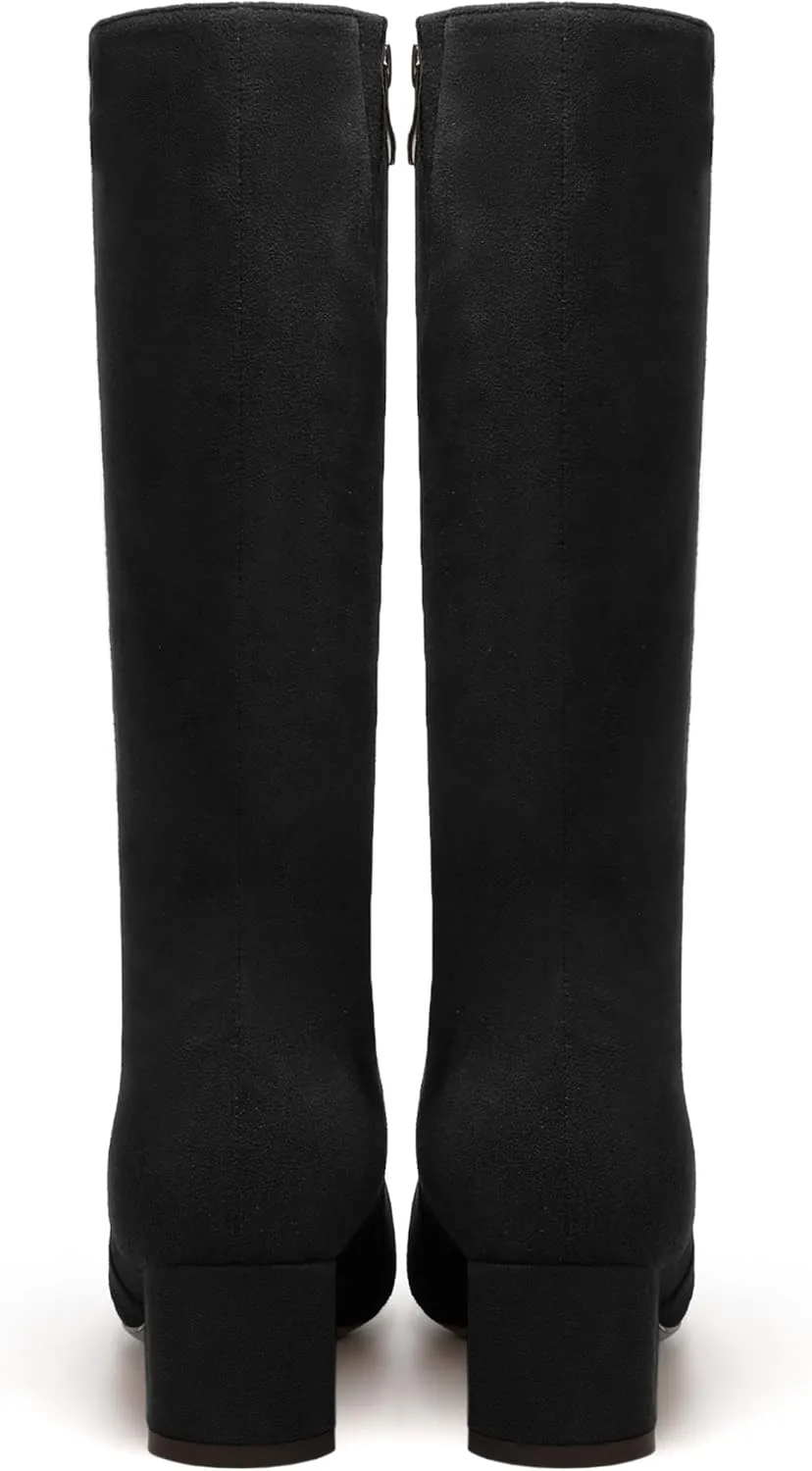 MERRORI Womens Casual Zip Dating Pointed Toe Suede Chunky Low Heel Mid Calf Boots 2 Inch