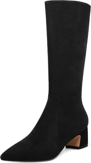MERRORI Womens Casual Zip Dating Pointed Toe Suede Chunky Low Heel Mid Calf Boots 2 Inch