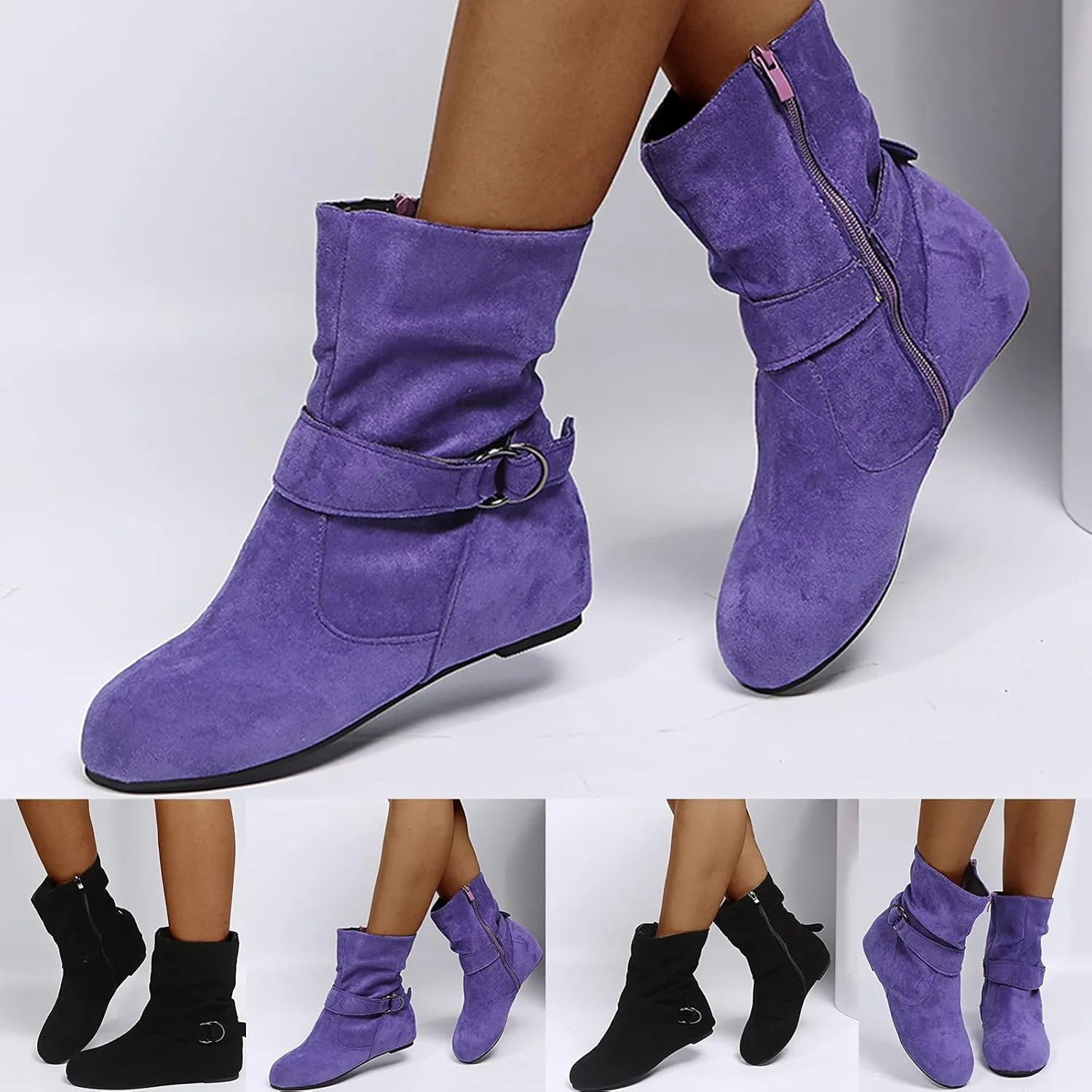 Mid Calf Boots for Women,Women's Slip On Casual Slouchy Short Ankle Boot Side Zipper Fashion Flat Ankle Booties Round Toe Slip On Suede Booties Winter Fall Mid Calf Dress Boots