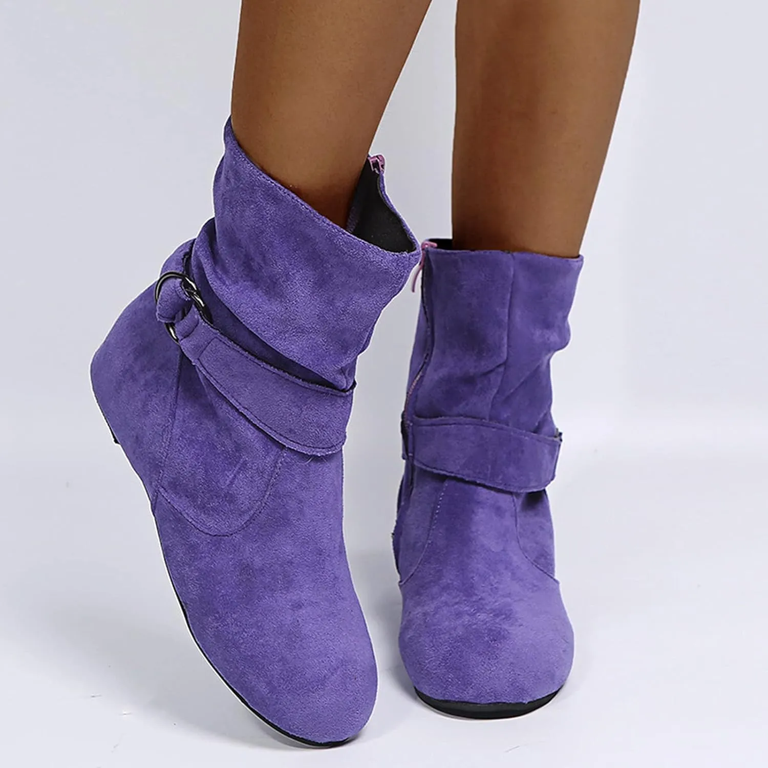 Mid Calf Boots for Women,Women's Slip On Casual Slouchy Short Ankle Boot Side Zipper Fashion Flat Ankle Booties Round Toe Slip On Suede Booties Winter Fall Mid Calf Dress Boots
