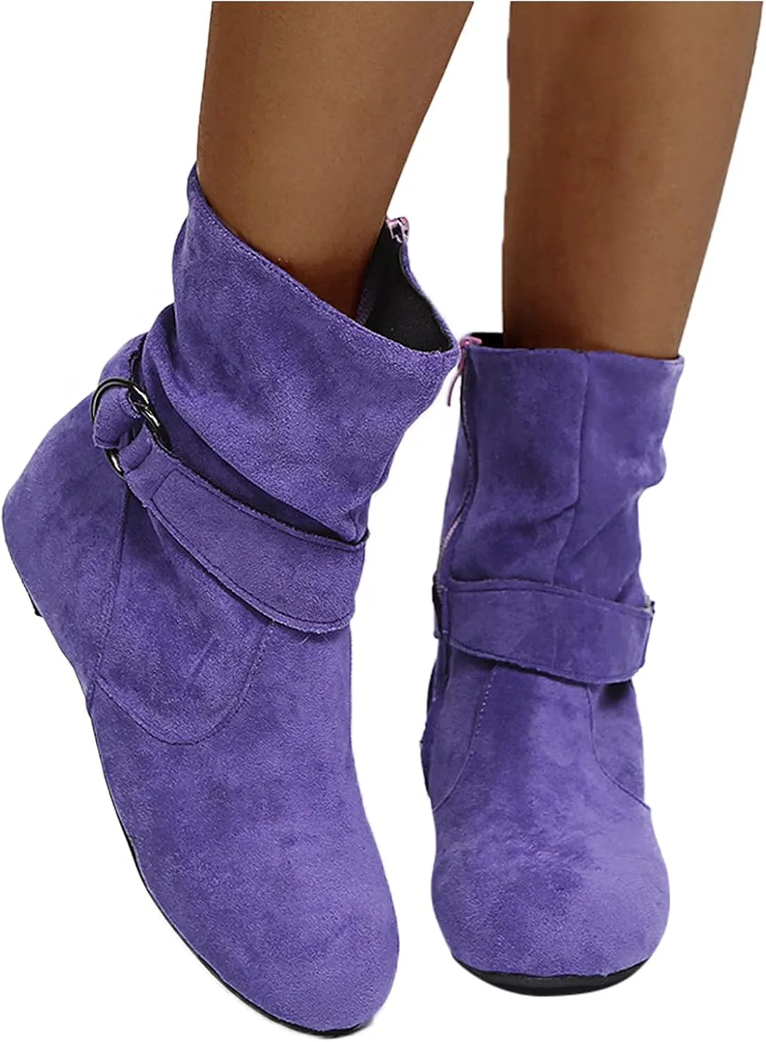 Mid Calf Boots for Women,Women's Slip On Casual Slouchy Short Ankle Boot Side Zipper Fashion Flat Ankle Booties Round Toe Slip On Suede Booties Winter Fall Mid Calf Dress Boots