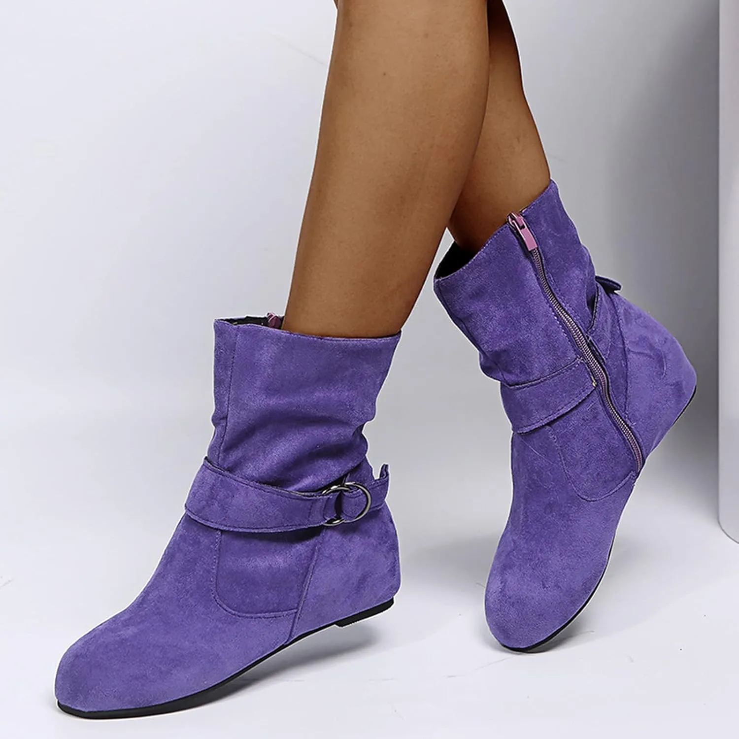Mid Calf Boots for Women,Women's Slip On Casual Slouchy Short Ankle Boot Side Zipper Fashion Flat Ankle Booties Round Toe Slip On Suede Booties Winter Fall Mid Calf Dress Boots