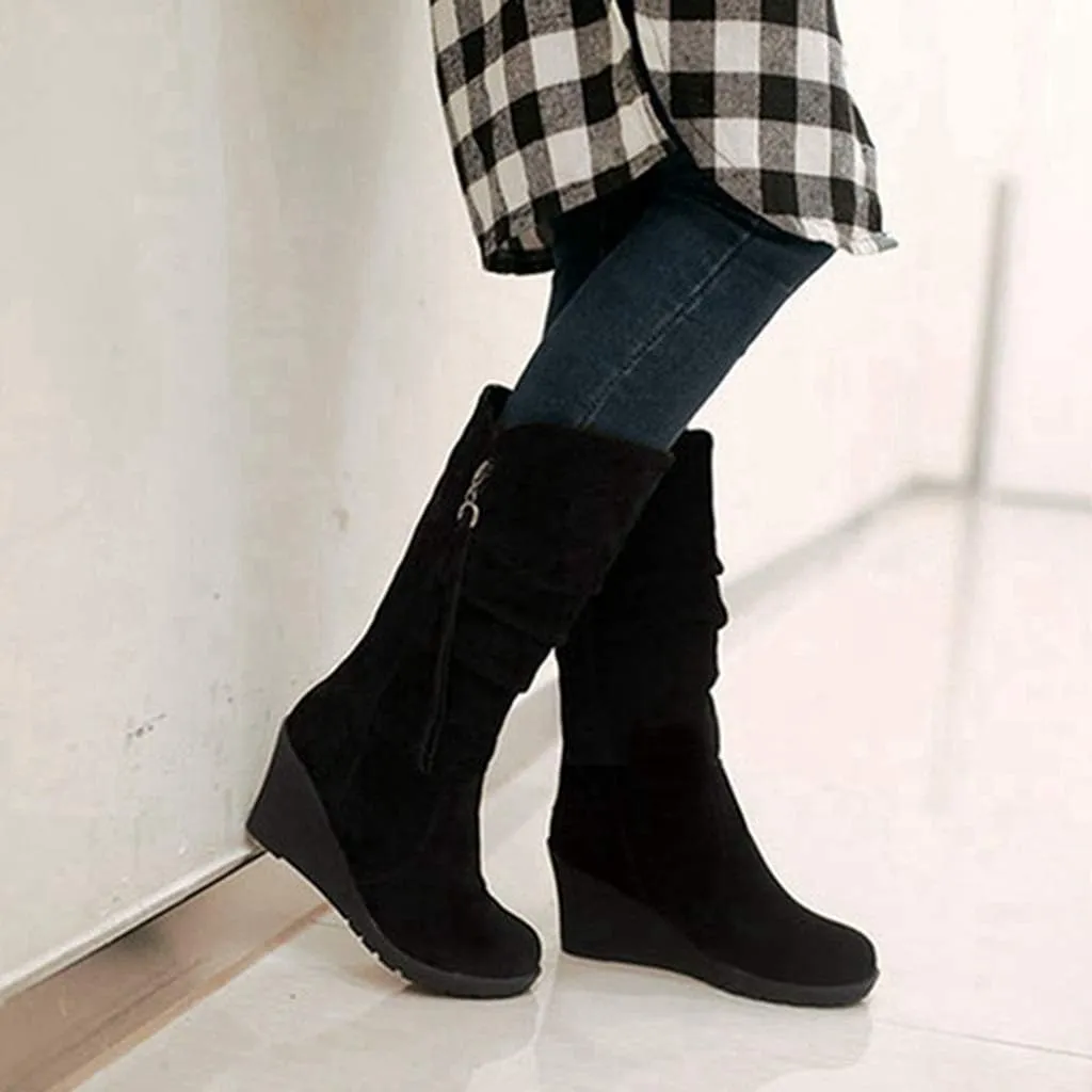 MIOKE Women's Wedge Slouch Mid Calf Boots Suede Round Toe Wide Width Platform High Heel Tassel Dress Boots