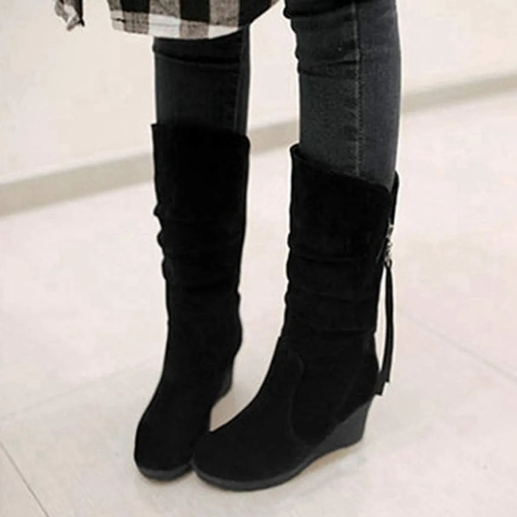 MIOKE Women's Wedge Slouch Mid Calf Boots Suede Round Toe Wide Width Platform High Heel Tassel Dress Boots