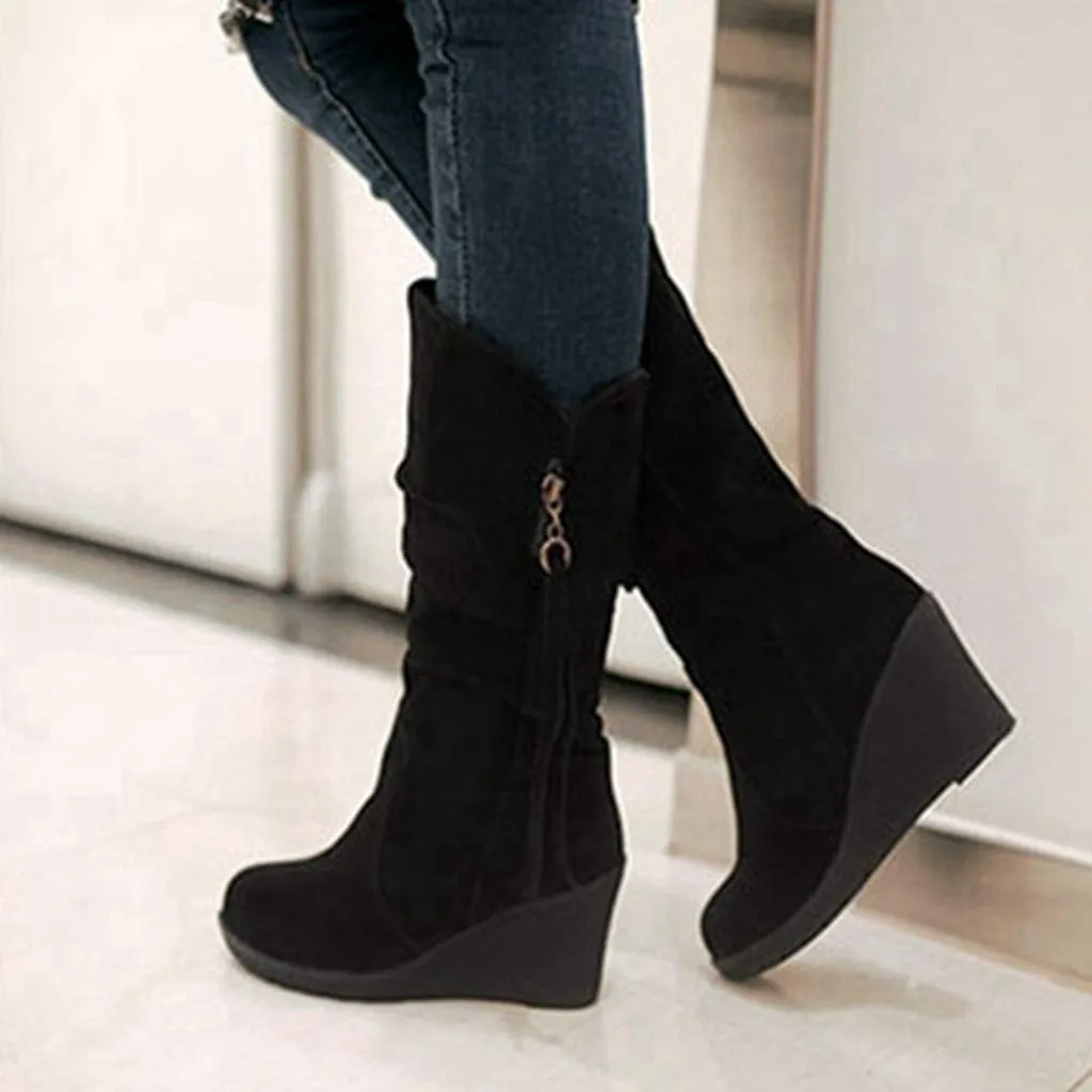 MIOKE Women's Wedge Slouch Mid Calf Boots Suede Round Toe Wide Width Platform High Heel Tassel Dress Boots