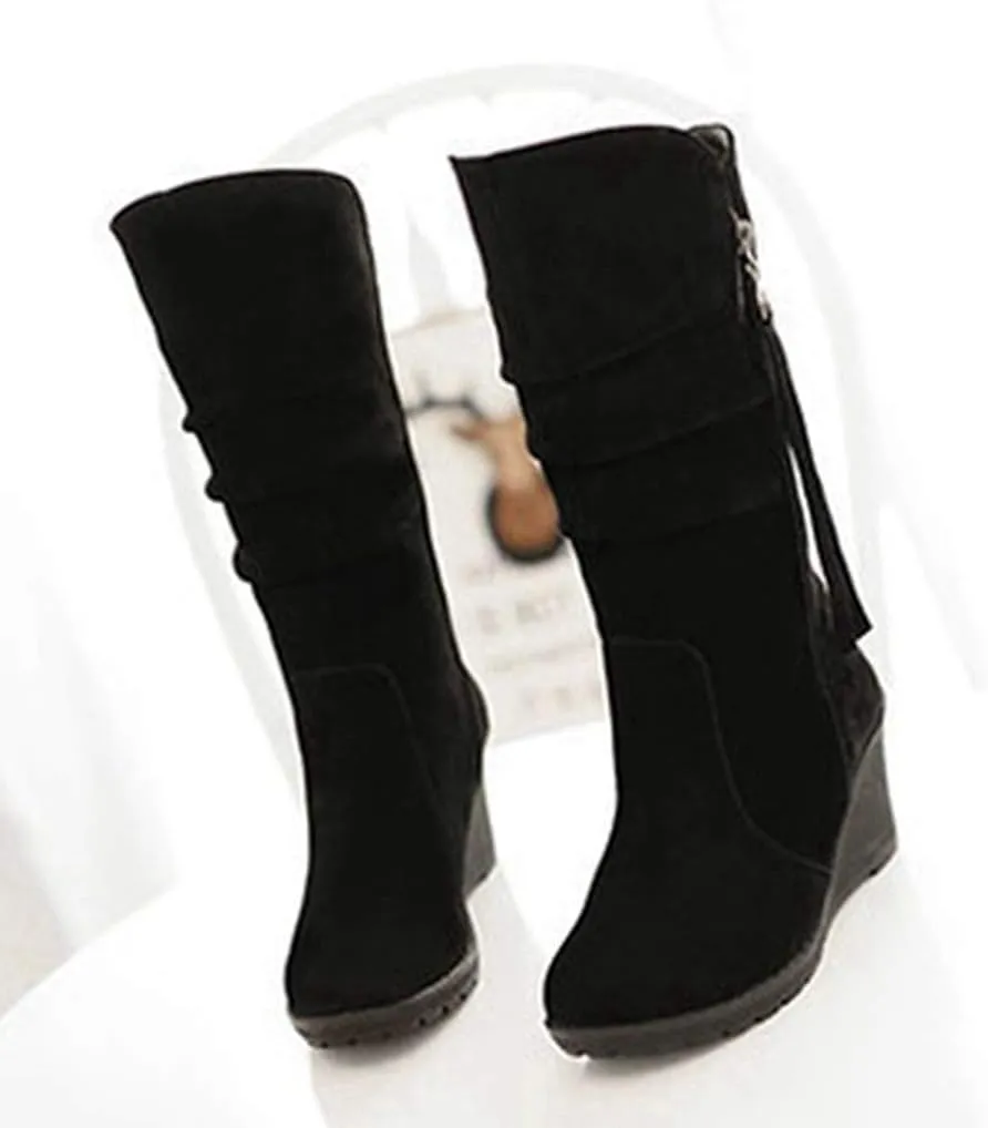 MIOKE Women's Wedge Slouch Mid Calf Boots Suede Round Toe Wide Width Platform High Heel Tassel Dress Boots