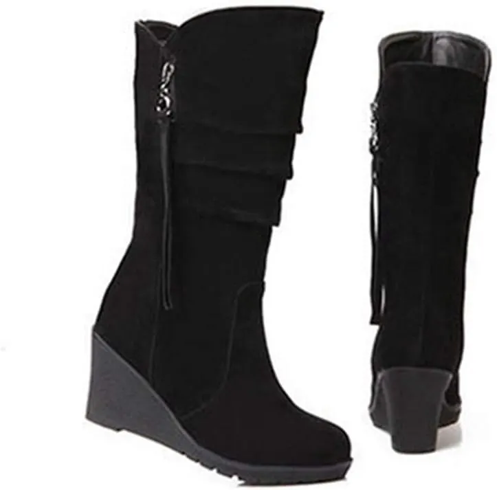MIOKE Women's Wedge Slouch Mid Calf Boots Suede Round Toe Wide Width Platform High Heel Tassel Dress Boots