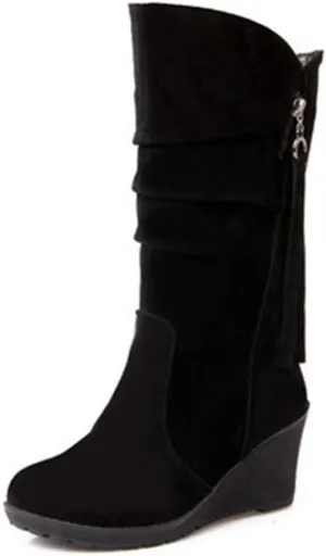 MIOKE Women's Wedge Slouch Mid Calf Boots Suede Round Toe Wide Width Platform High Heel Tassel Dress Boots