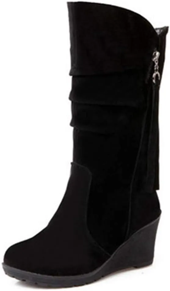 MIOKE Women's Wedge Slouch Mid Calf Boots Suede Round Toe Wide Width Platform High Heel Tassel Dress Boots