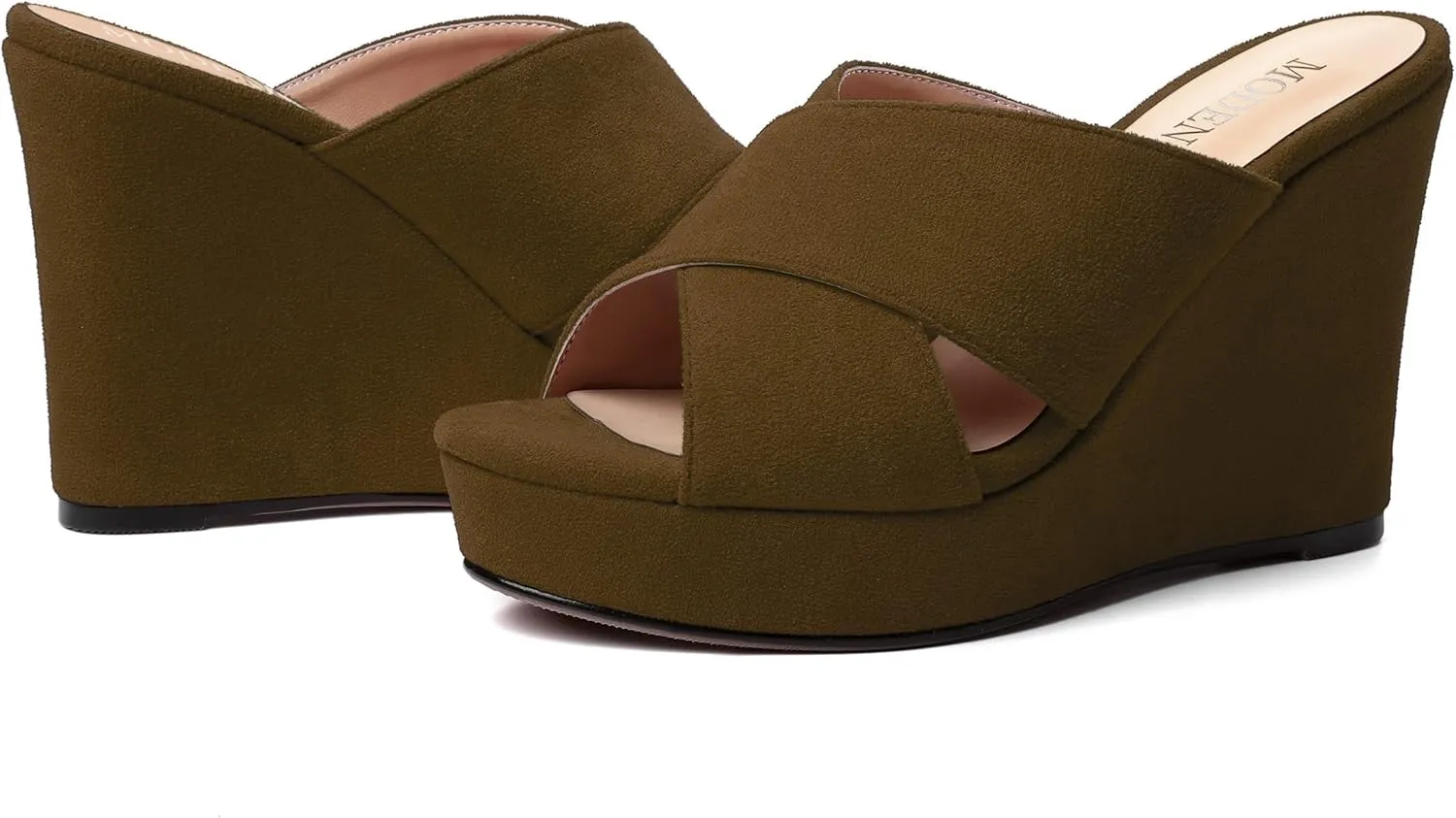 MODENCOCO Womens Suede Platform Slip On Open Toe Dressy Sexy Party Wedge High Heel Heeled Sandals 4 Inch