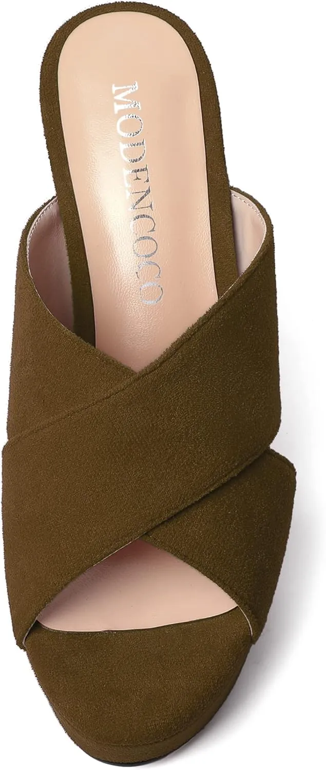 MODENCOCO Womens Suede Platform Slip On Open Toe Dressy Sexy Party Wedge High Heel Heeled Sandals 4 Inch