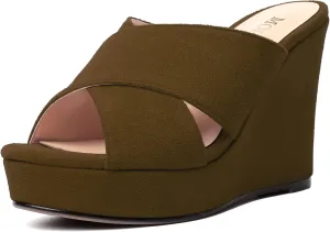 MODENCOCO Womens Suede Platform Slip On Open Toe Dressy Sexy Party Wedge High Heel Heeled Sandals 4 Inch