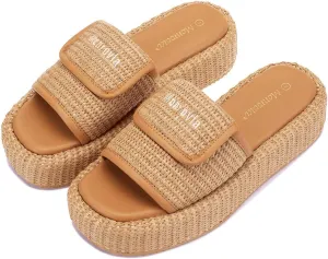 Monrovia Platform Sandals for Women, Wedge Espadrille Slides with Raffia Straw, Comfortable Brown Summer Sandals for Beach, Walking, Camping, Vacation