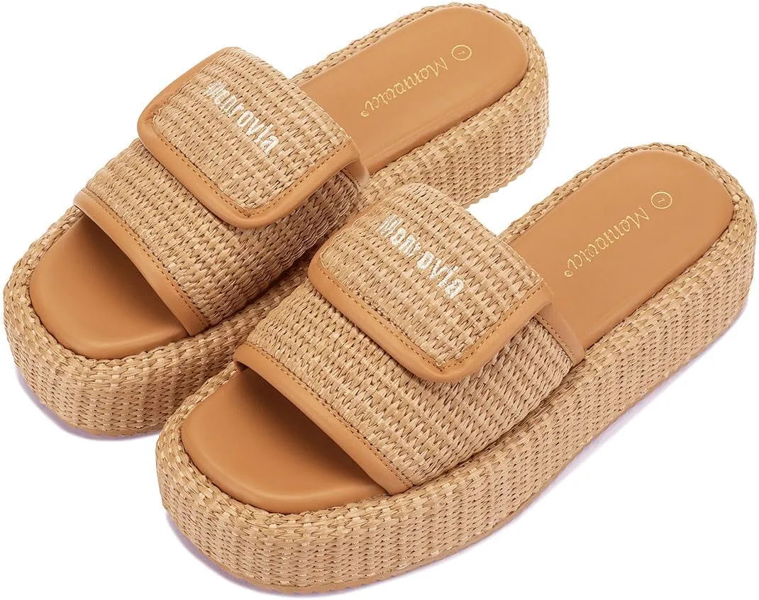 Monrovia Platform Sandals for Women, Wedge Espadrille Slides with Raffia Straw, Comfortable Brown Summer Sandals for Beach, Walking, Camping, Vacation