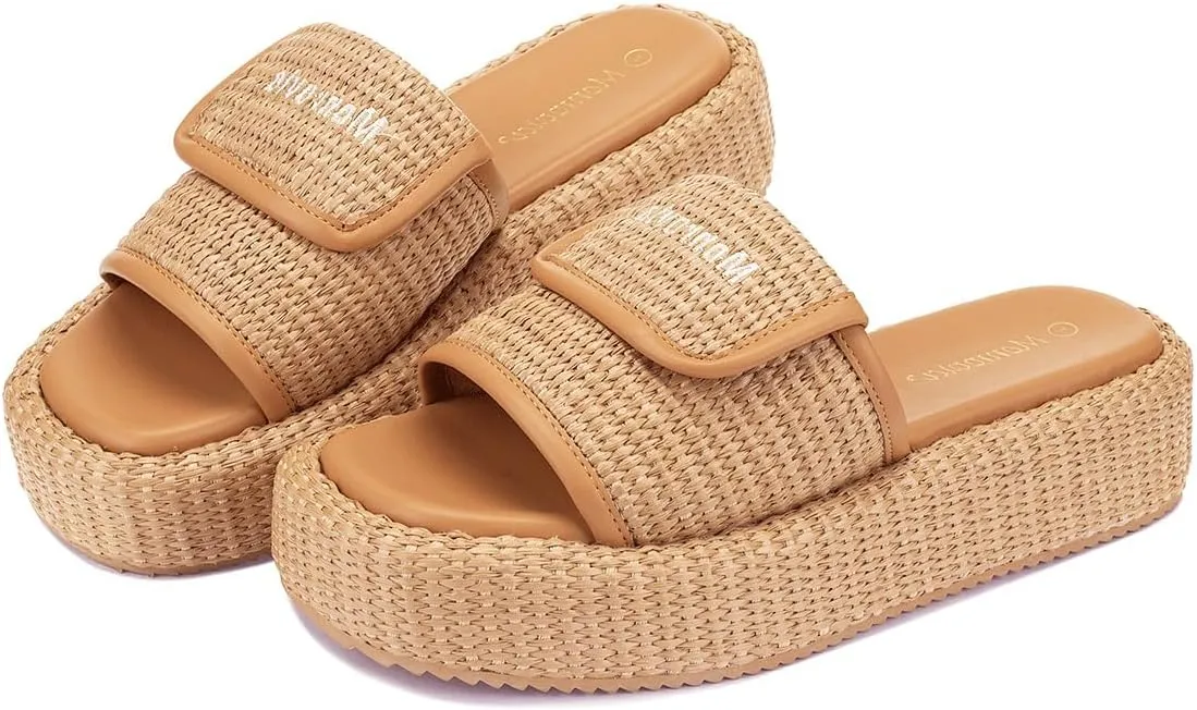 Monrovia Platform Sandals for Women, Wedge Espadrille Slides with Raffia Straw, Comfortable Brown Summer Sandals for Beach, Walking, Camping, Vacation