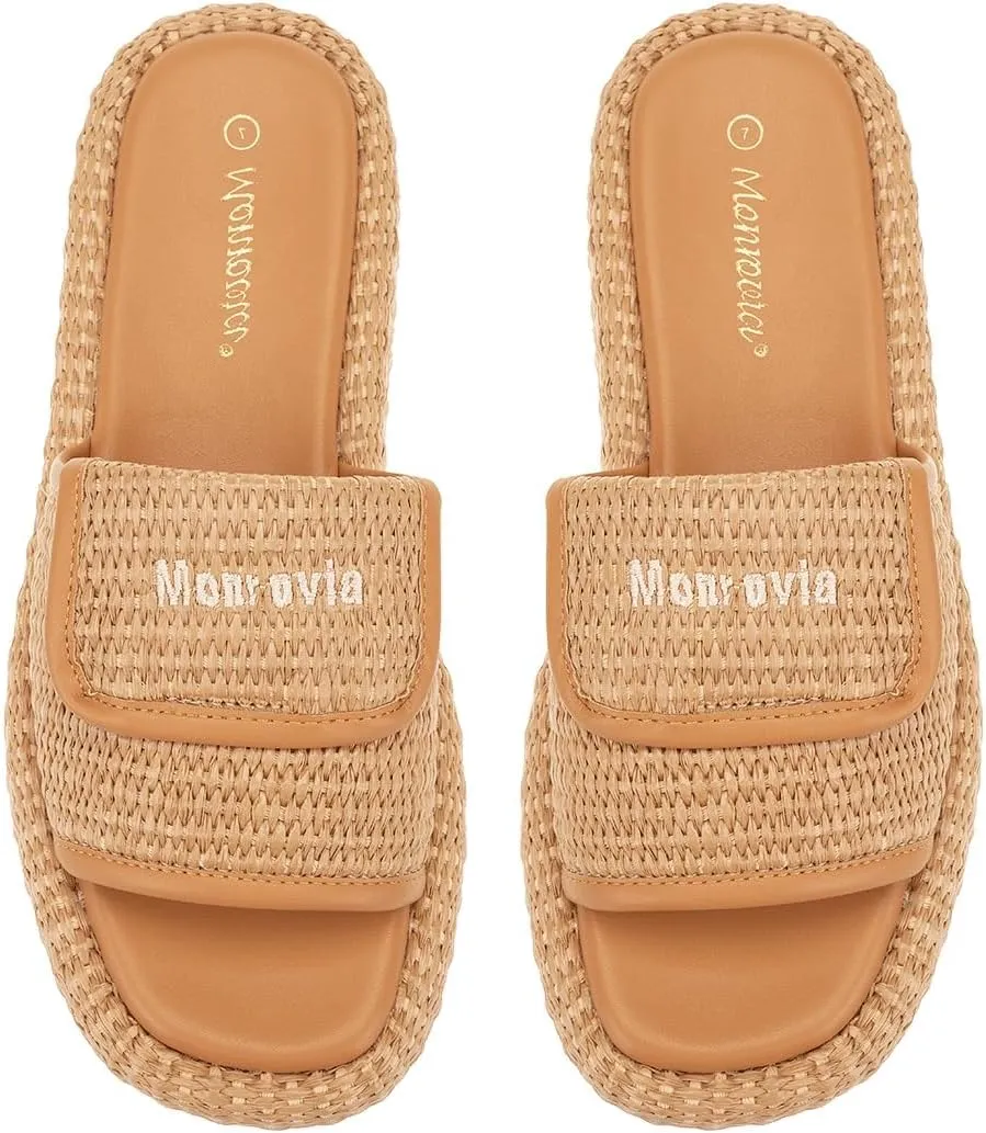 Monrovia Platform Sandals for Women, Wedge Espadrille Slides with Raffia Straw, Comfortable Brown Summer Sandals for Beach, Walking, Camping, Vacation