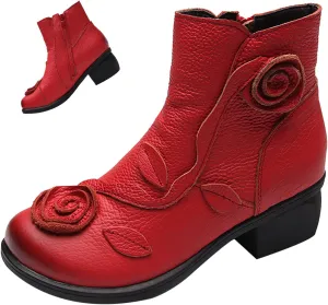 MOYOWEI Women's Handmade Sunflower Dress Leather Booties,Comfy Fall/Winter Non-slip Block Heels Zip Casual Short Ankle Boots