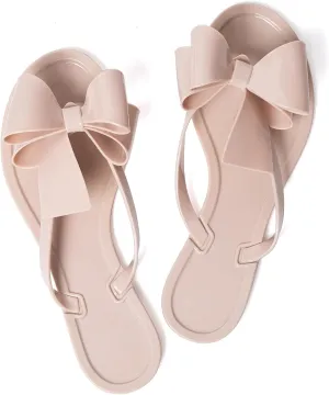 Mtzyoa Women Flip-Flops Flat Sandals Jelly Bow Beach Flat Rivets Rain Cute Dressy Summer Sandals