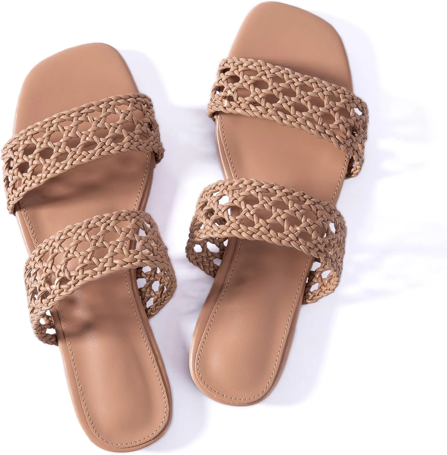 Mtzyoa Women's Sandals Casual Braided Dressy Summer Square Toe Quilted Flat Sandals