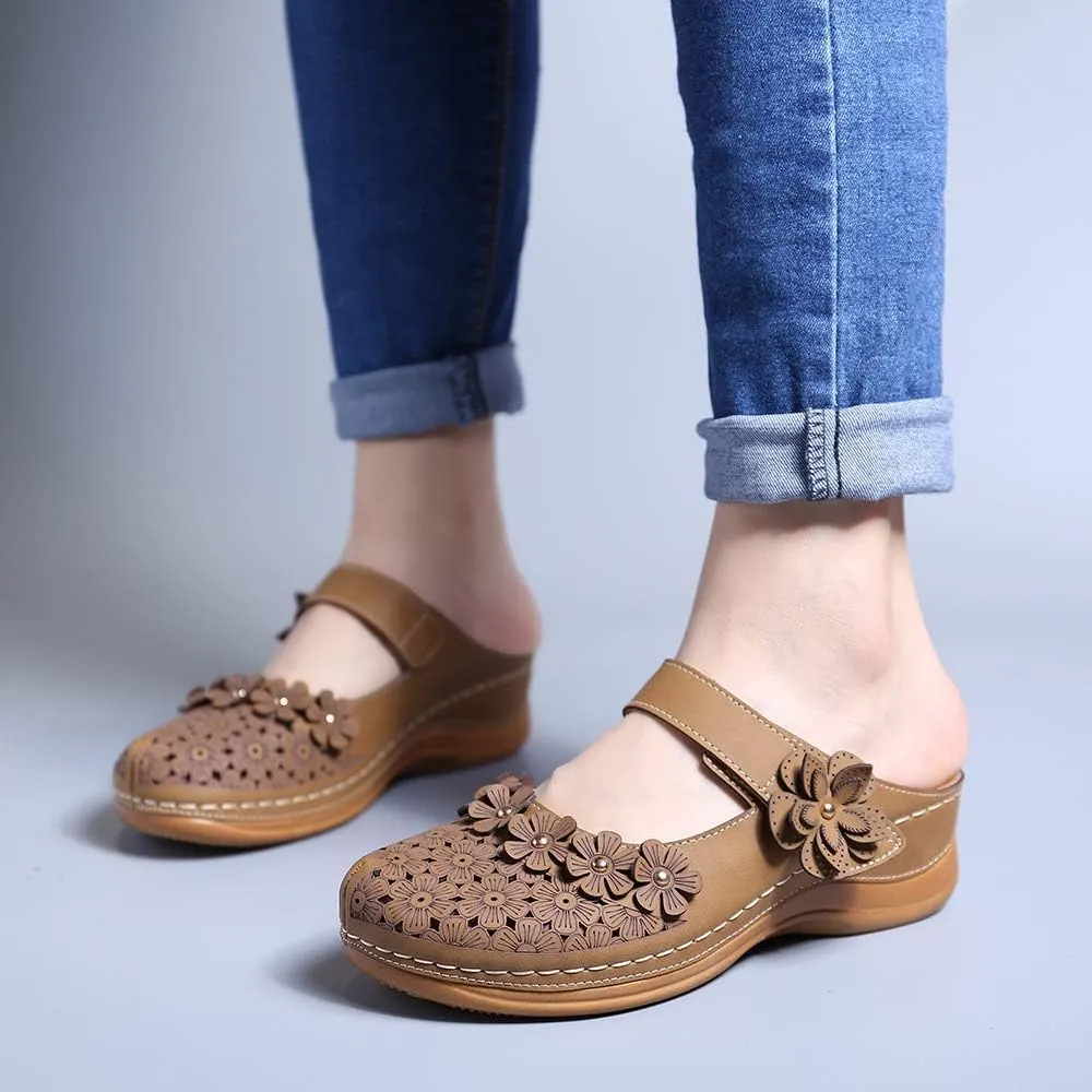 Mule Clogs Shoes for Women Summer PU Leather Flower Slip on Sandal Ladies Anti Slip Loafer Flat Garden Mules Closed Toe Backless Comfort Breathable Walking Slippers,Brown,US9/EU40
