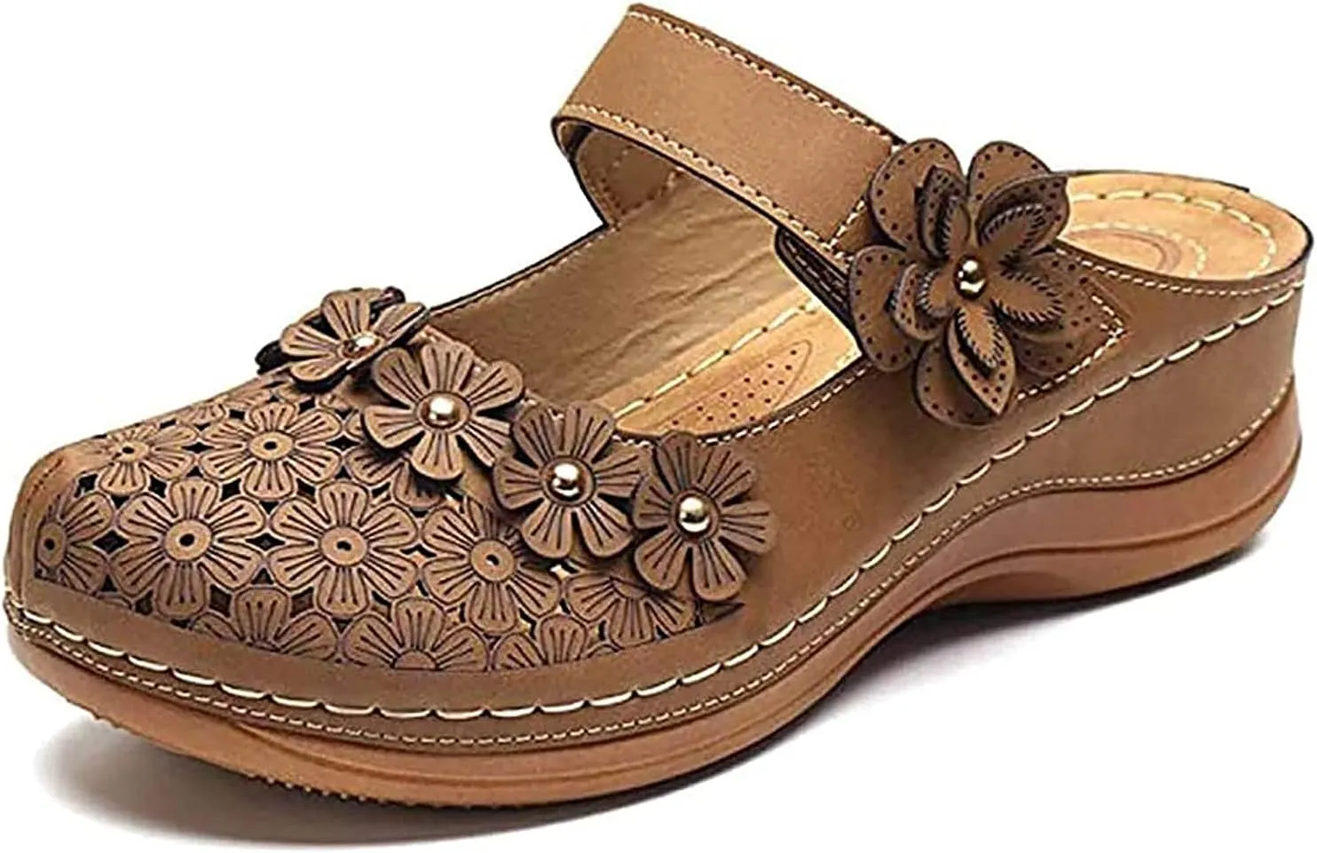 Mule Clogs Shoes for Women Summer PU Leather Flower Slip on Sandal Ladies Anti Slip Loafer Flat Garden Mules Closed Toe Backless Comfort Breathable Walking Slippers,Brown,US9/EU40