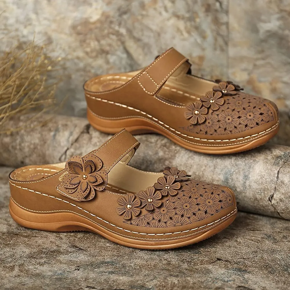 Mule Clogs Shoes for Women Summer PU Leather Flower Slip on Sandal Ladies Anti Slip Loafer Flat Garden Mules Closed Toe Backless Comfort Breathable Walking Slippers,Brown,US9/EU40
