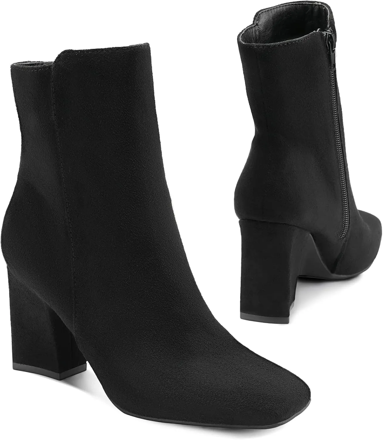 mysoft Women's Ankle Boots Square Toe Side Zipper GoGo Boots Chunky Block Heel Mid Calf Low Heeled Short Booties