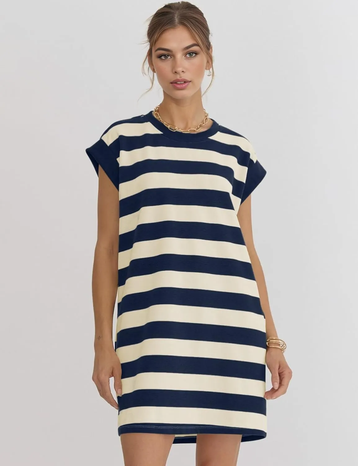 Naggoo Womens Summer Striped T Shirt Dress Crew Neck Cap Sleeve Color Block Casual A Line Short Dresses with Pockets