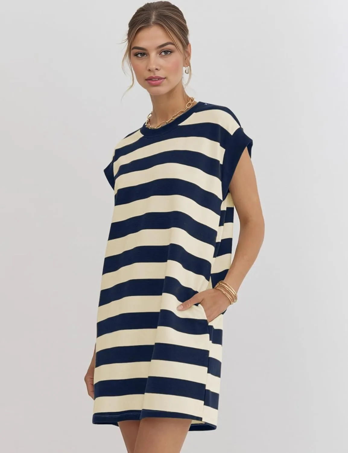 Naggoo Womens Summer Striped T Shirt Dress Crew Neck Cap Sleeve Color Block Casual A Line Short Dresses with Pockets