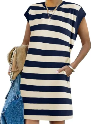 Naggoo Womens Summer Striped T Shirt Dress Crew Neck Cap Sleeve Color Block Casual A Line Short Dresses with Pockets