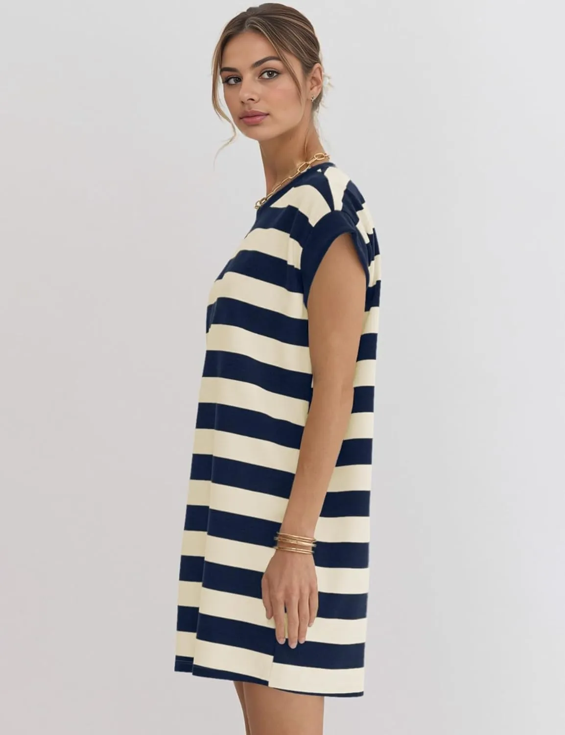 Naggoo Womens Summer Striped T Shirt Dress Crew Neck Cap Sleeve Color Block Casual A Line Short Dresses with Pockets