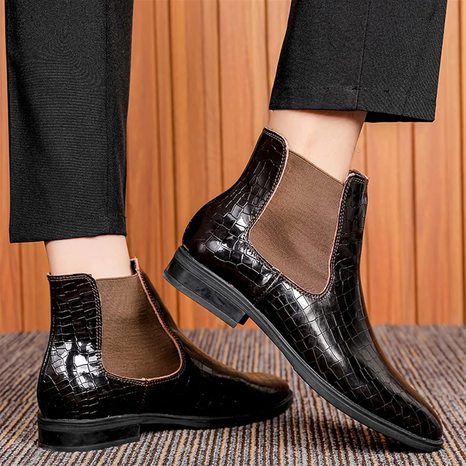 New Chelsea Boots For Men Crocodile Print Elastic Bandage Cowhide Leather Slip On Waterproof Non Anti-slip Work Classic Slip On