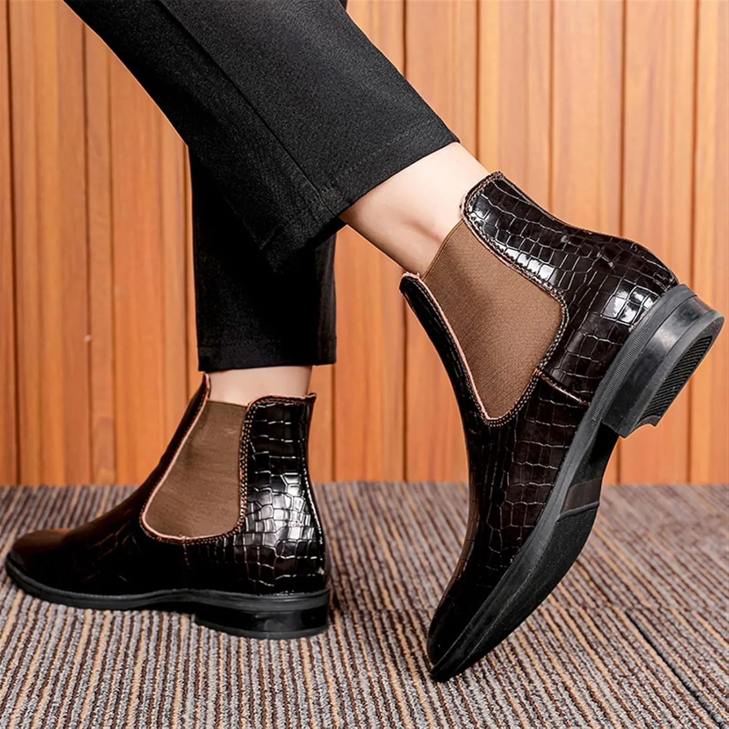 New Chelsea Boots For Men Crocodile Print Elastic Bandage Cowhide Leather Slip On Waterproof Non Anti-slip Work Classic Slip On